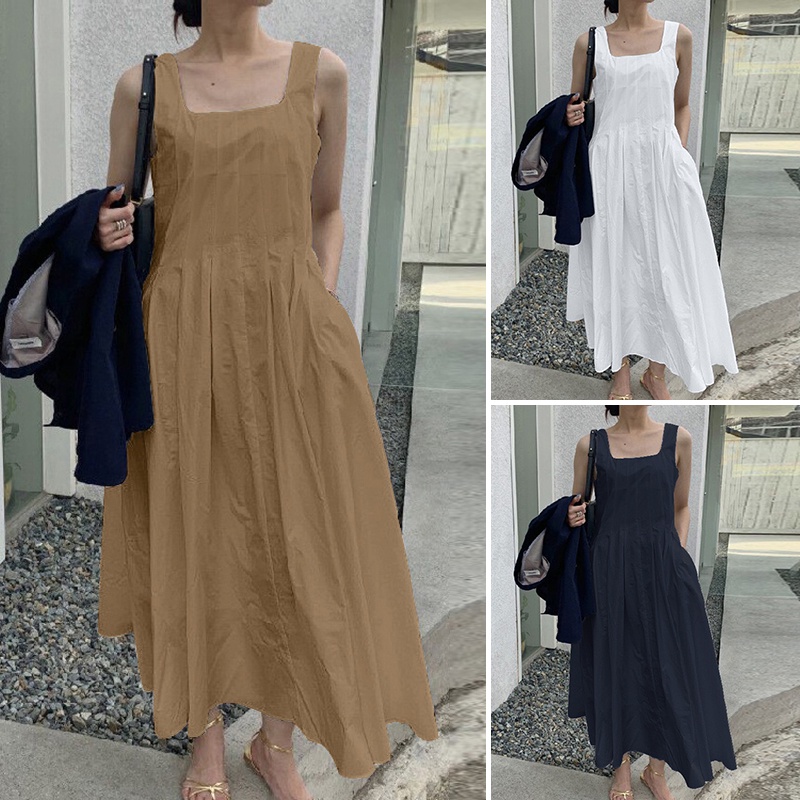 Đầm maxi ZANZEA không tay màu trơn dáng rộng thời trang cho nữ
