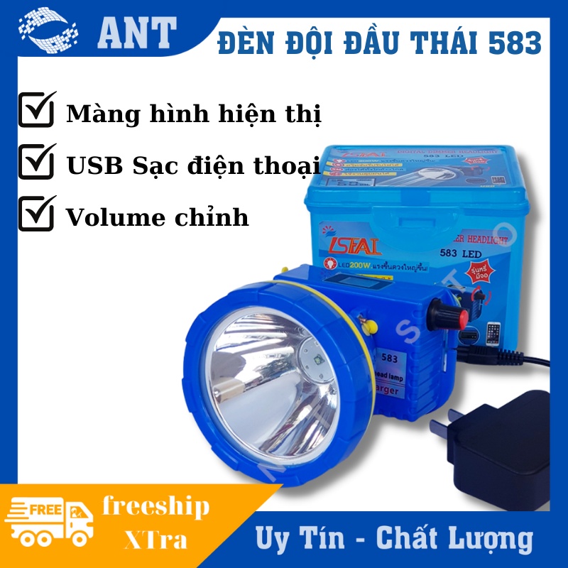 Đèn led đội đầu pin sạc USB siêu bền có màn hình LCD 583 Thái