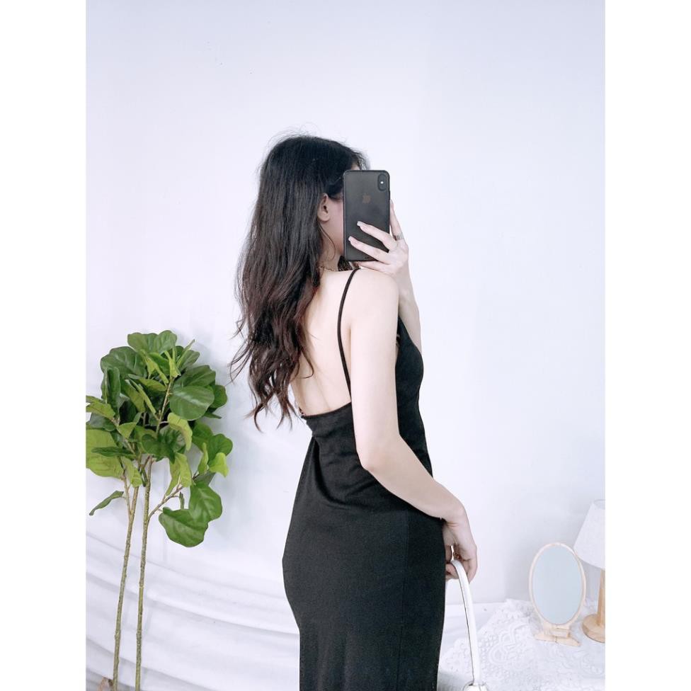 Váy 2s Midi Hở Lưng Nữ 🎁 Nana's House - FREESHIP 🎁 Đầm hai dây suông ôm body dáng dài màu đen basic 💃