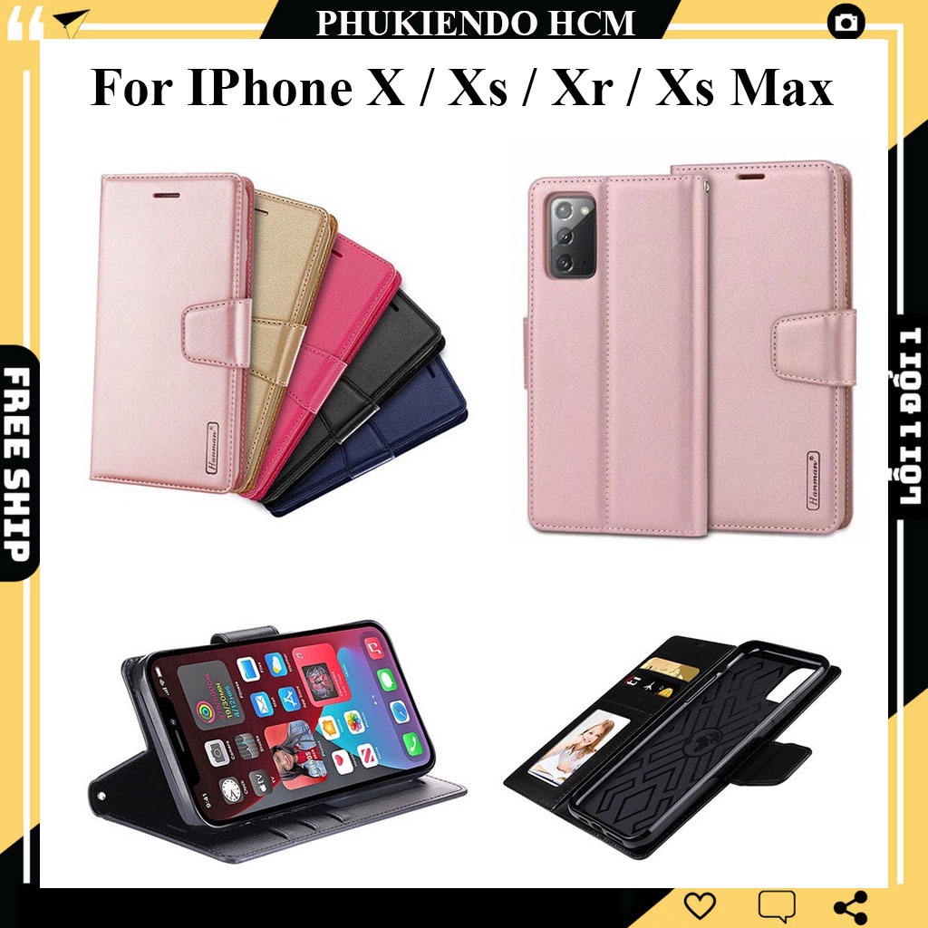 Bao da dạng ví cho iPhone X, XS, XR, XS Max hiệu Hanman, có ngăn đựng thẻ tiền tiện lợi