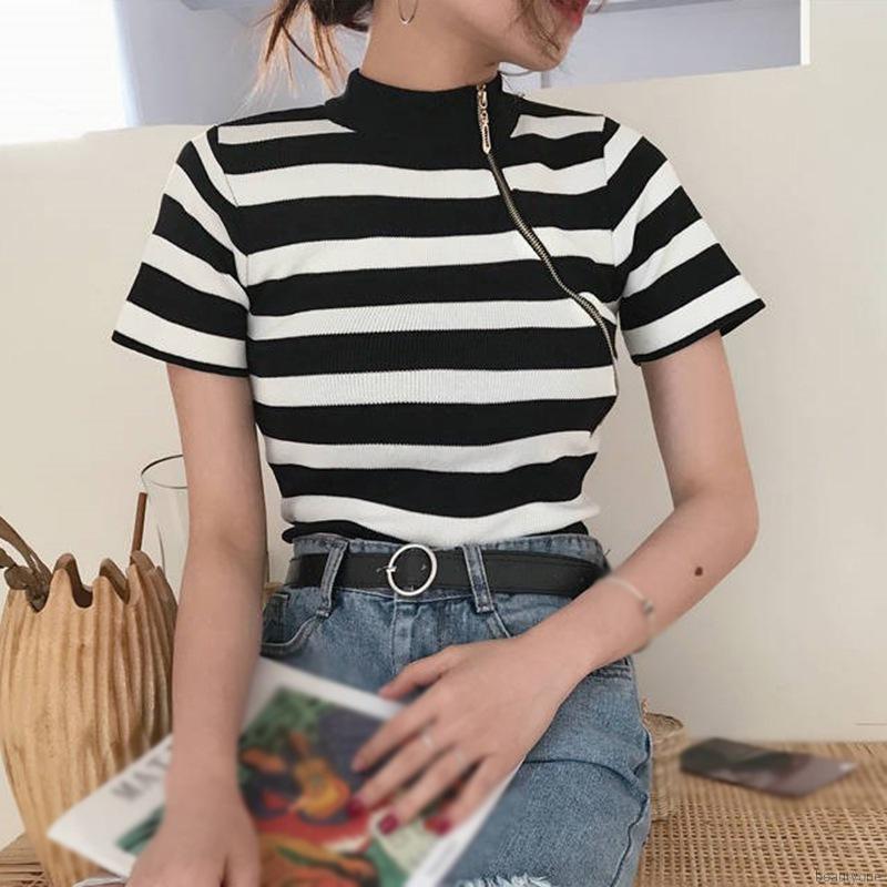 Áo dệt kim tay ngắn phối khoá kéo phong cách Hàn Quốc