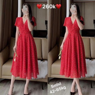 ♥️Đầm voan hoa nhí đỏ cổ vát xéo dáng xoè 110cm