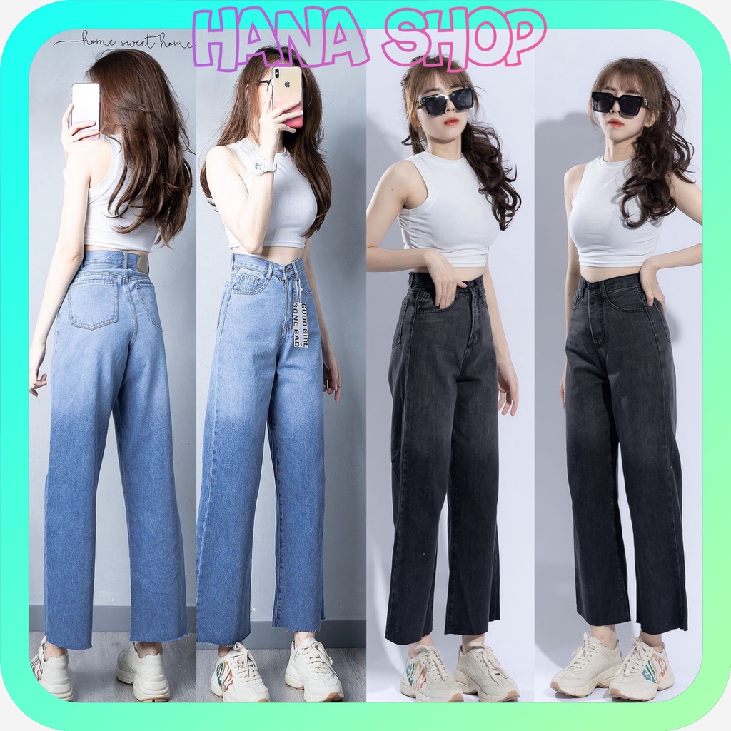 Quần Baggy Ống Rộng Jean Nữ Lưng Cao Trơn Loang 2 Màu Kiểu ULZZANG