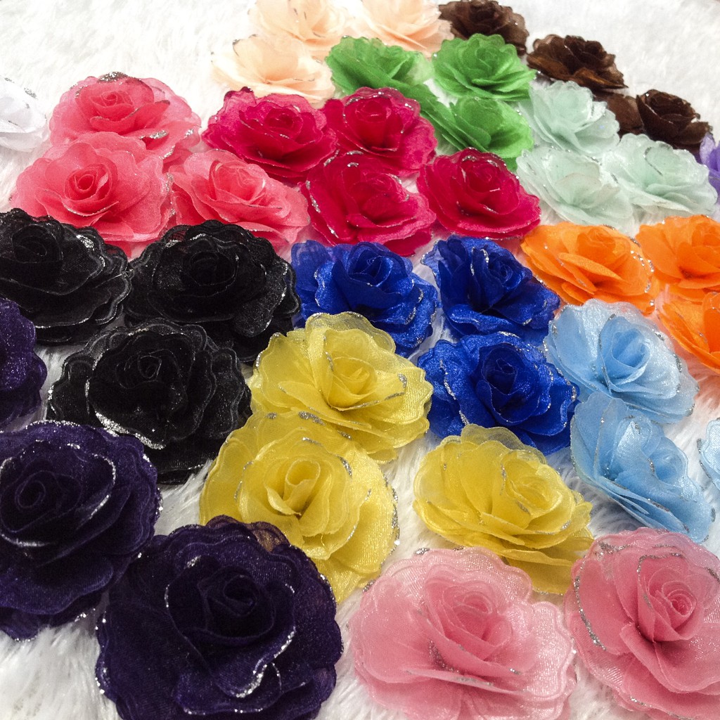 Bông voan hoa hồng nhiều màu đính kết trang phục áo đầm váy dài sang trọng