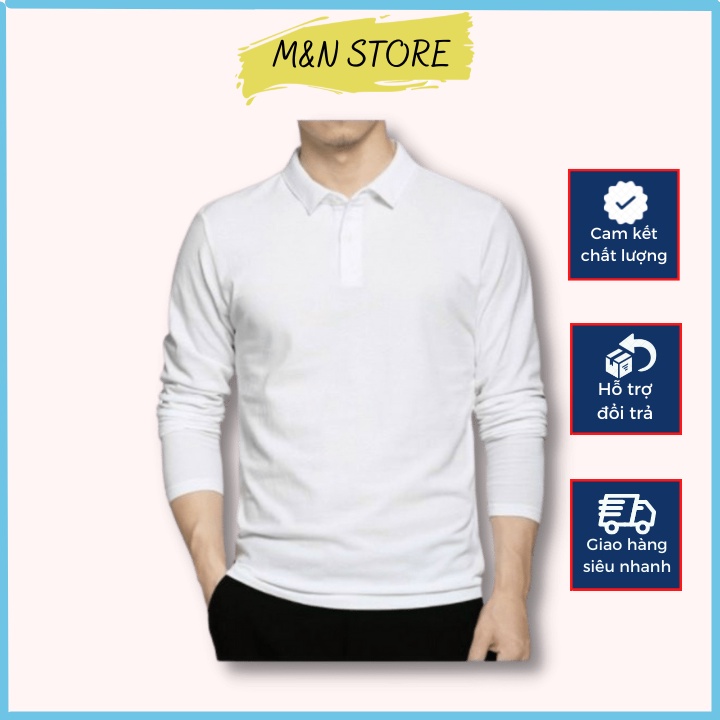 Áo thun nam dài tay cổ bẻ kiểu dáng trơn basic chất liệu cotton co giãn thoải mái