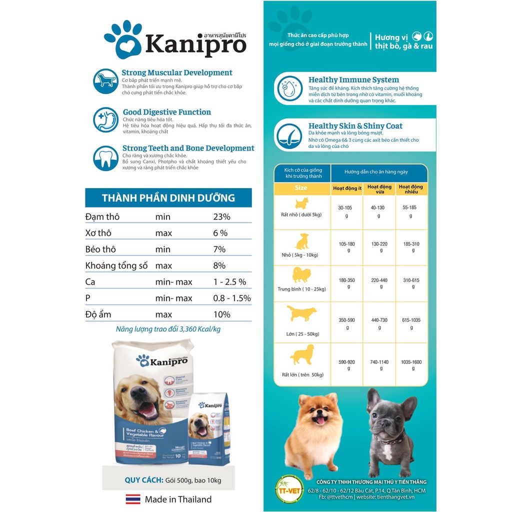 [ Thái Lan ] Thức ăn chó cao cấp Kanipro dành cho chó mọi lứa tuổi vị thịt bò, gà, rau củ 500g