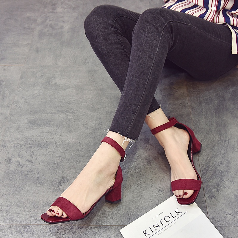 Giày Cao Gót Nữ Đế Thô Màu Đỏ/Đen