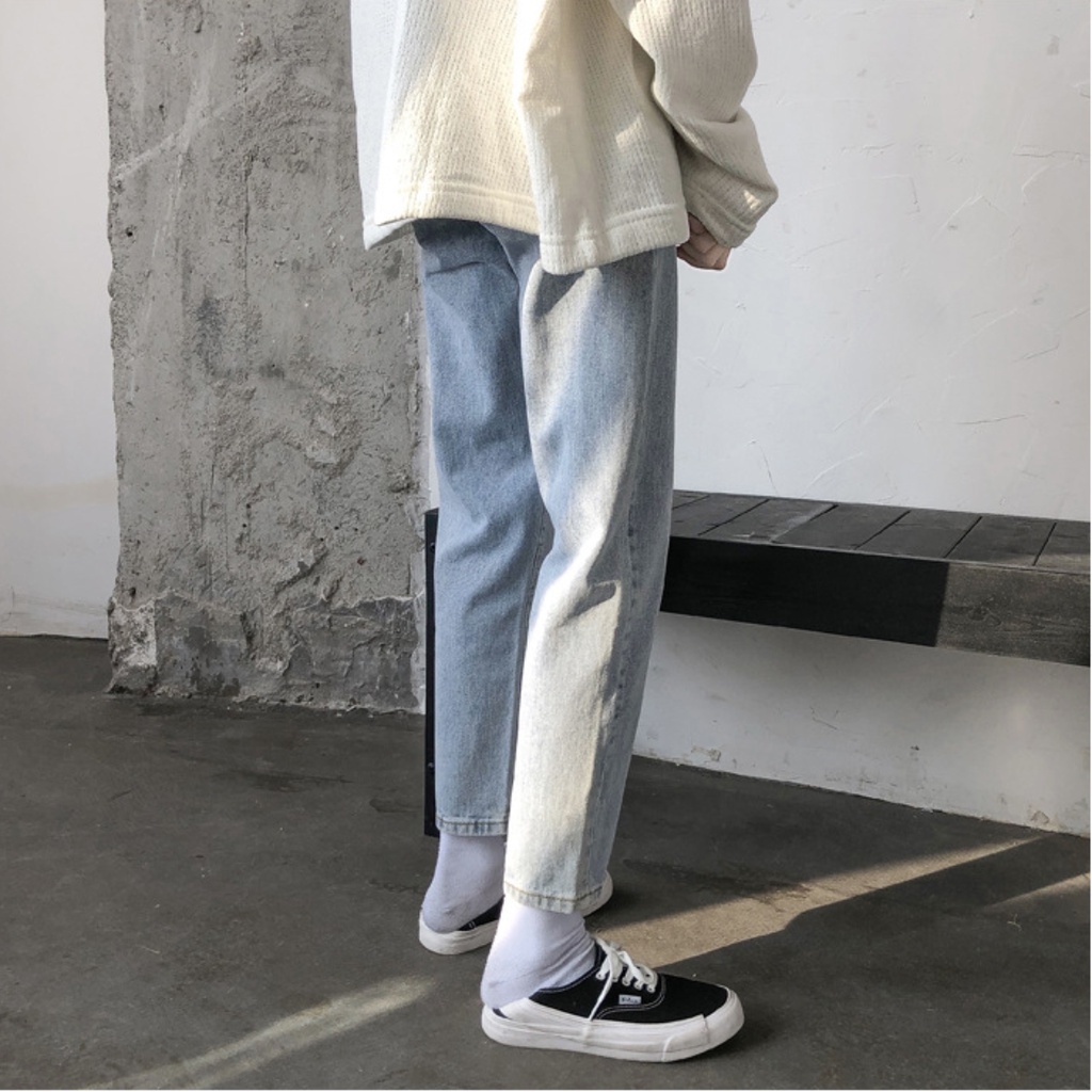 Quần Jean Baggy Nam Ống Rộng Màu Xanh Nhạt Trơn Basic Unisex Vải Co Giãn-B02 | BigBuy360 - bigbuy360.vn