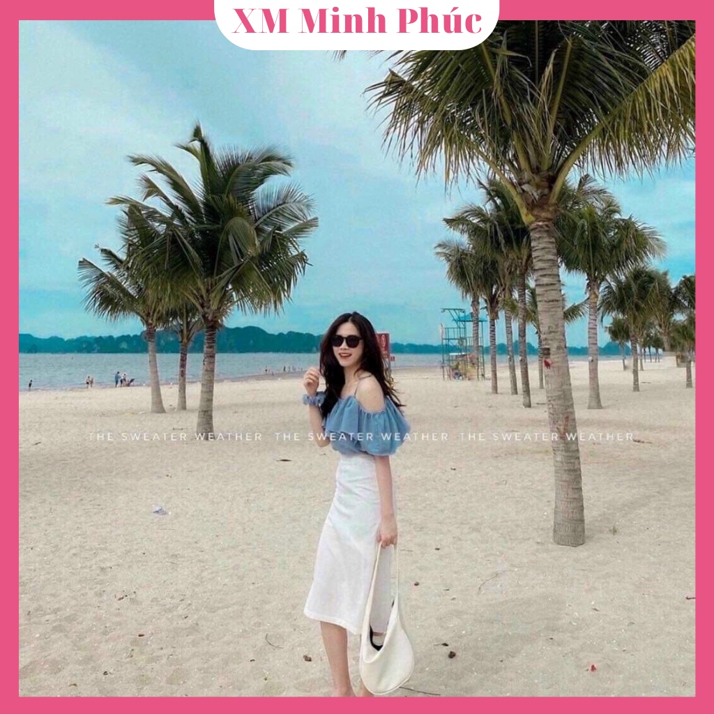 Set Đồ Nữ, Bộ Đi Biển Áo Trễ Vai Kèm Chân Váy Trắng Dài Qua Gối Trẻ Trung Thời Trang Nữ Xm Minh Phúc