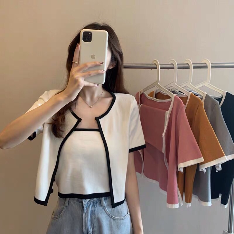 set áo len cộc tay phối viền nổi kèm áo quây ống sexy