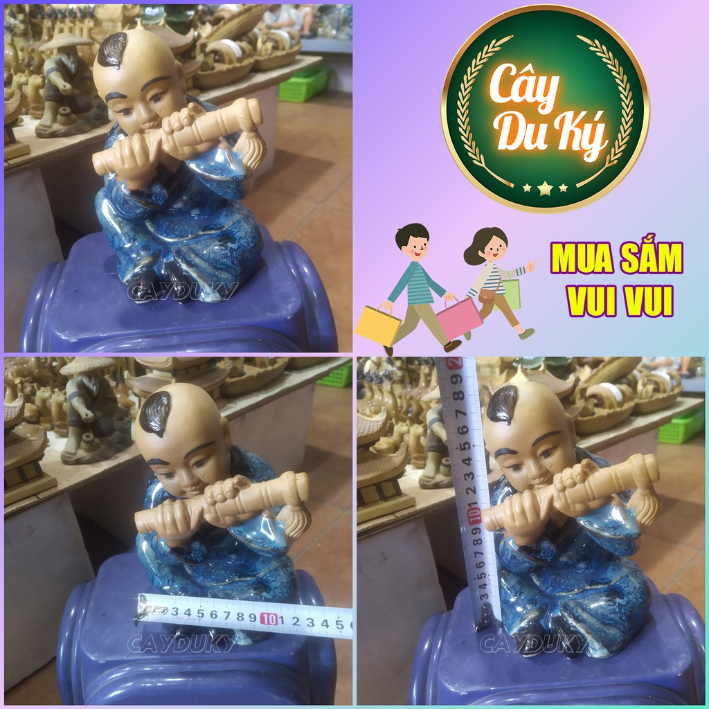 Tượng chú tiểu thổi sáo gốm sứ Bát Tràng làm mô hình trang trí tiểu cảnh, trang trí bể cá-12x10x18 cm