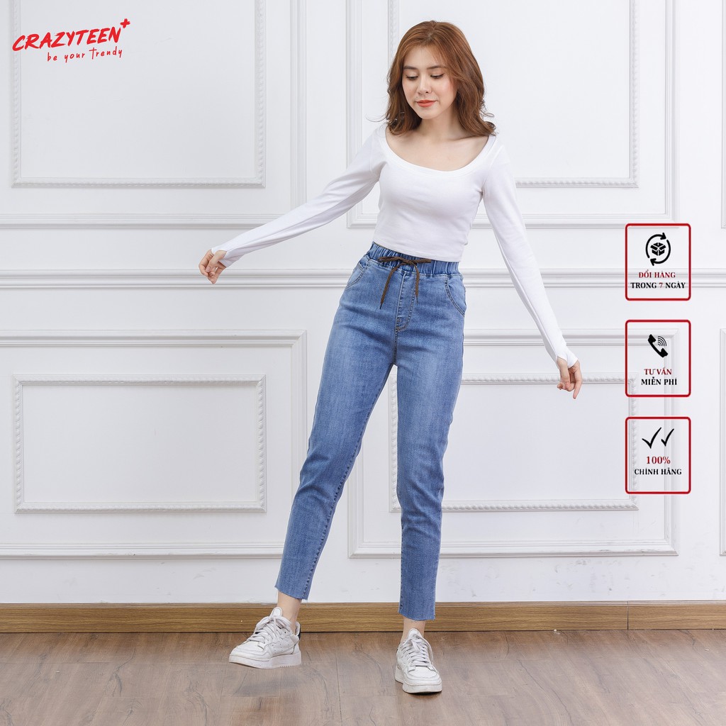 Áo croptop nữ CRAZYTEEN thun cổ thuyền dài tay xỏ ngón AT0096