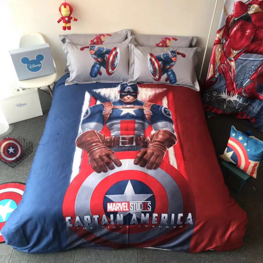 Bộ chăn ga siêu anh hùng Marvel Captain America, Iron man, Spider man 100% cotton cao cấp - Hàng xuất khẩu