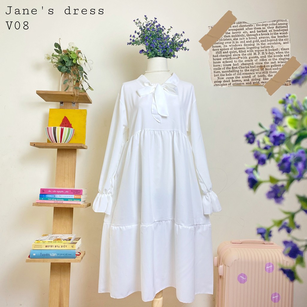 [Mã SKAMLTSM9 giảm 10% đơn 99K] Váy trắng babydoll thắt nơ cổ (Có sẵn + Ảnh thật shop chụp) Jane's Dress - V08