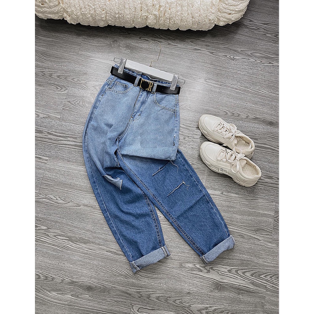 [ ONG CHĂM CHỈ ] QUẦN BAGGY JEAN NỮ LƯNG CAO LOANG MÀU XANH ĐẬM RÁCH 1 VẠT PHẢI 2 SỌC TRÁI CAO CẤP NITI BÁ ĐẠO