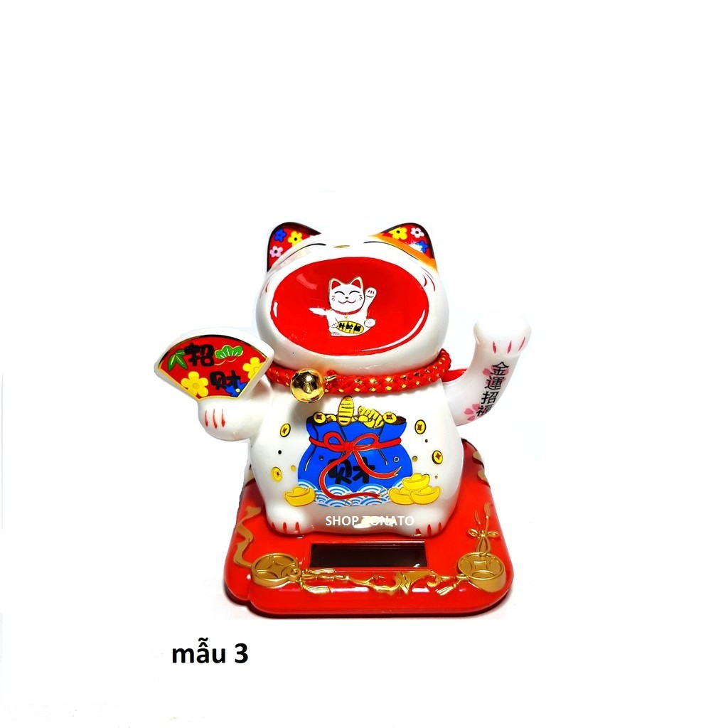 (MUA NHIỀU GIẢM GIÁ)MÈO THẦN TÀI, MÈO MAY MẮN MANEKI NEKO HF19014 NĂNG LƯỢNG MẶT TRỜI VẪY TAY CAO 10CM