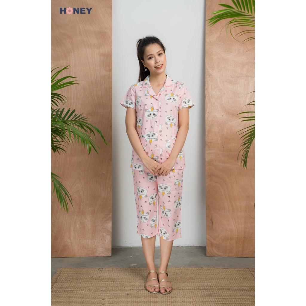 Bộ đồ ngủ pajama cộc tay mặc nhà, chất liệu thô hàn, quần rút chun - Thời trang bà bầu cao cấp Honey