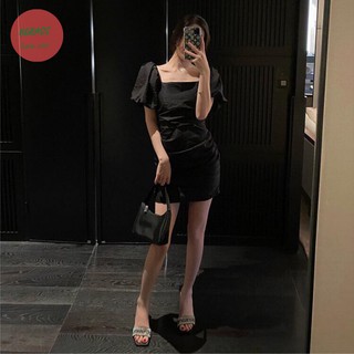 Đầm đen cổ vuông đan lưng rút dây bg10250.6