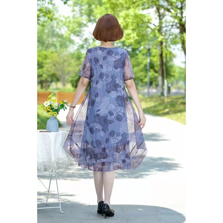 Đầm Hoa Tay Ngắn Dáng Rộng Phối Lưới Plus Size Cho Phụ Nữ Trung Niên