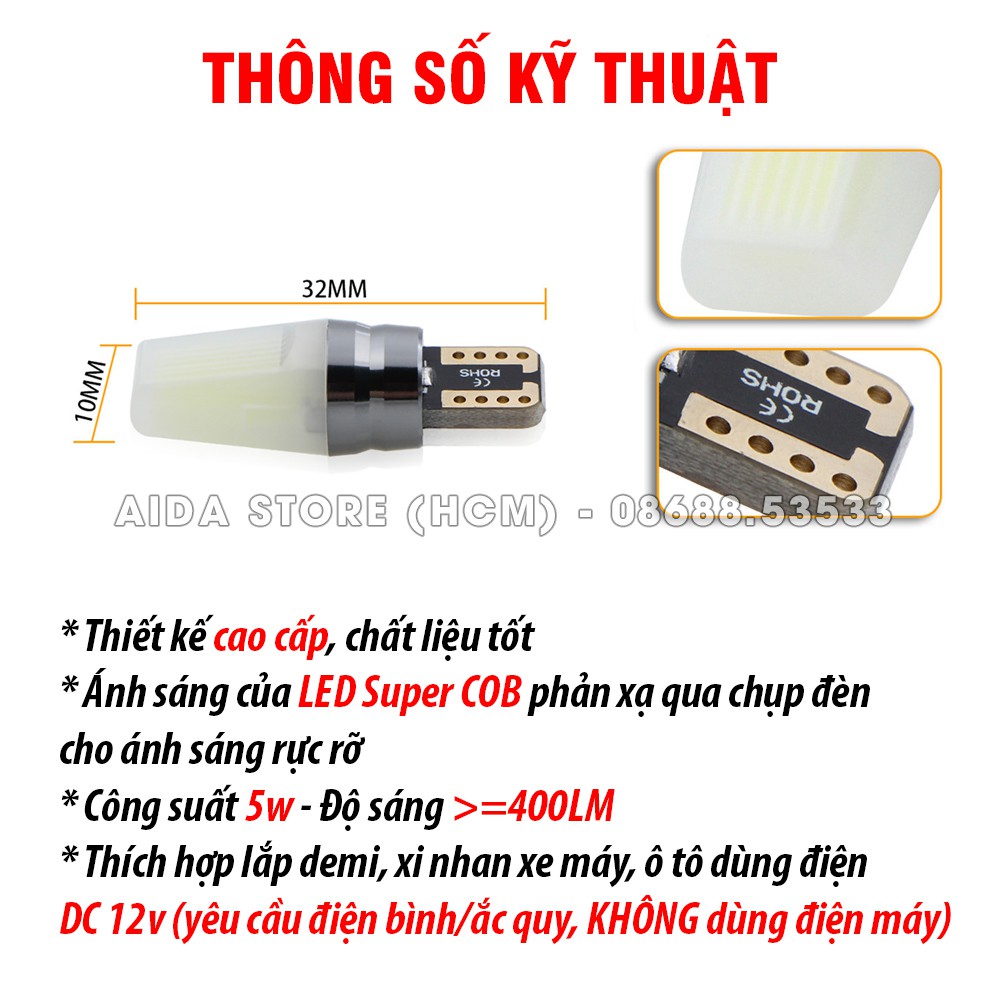 01 bóng LED T10 Super COB max sáng lắp demi, xi nhan xe máy, ô tô DC 12v