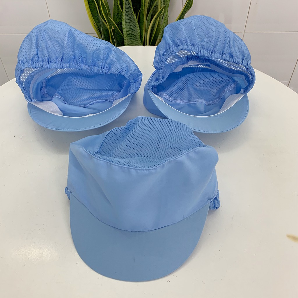 Mũ nón đầu bếp, phụ bếp màu xanh dương lưới dài trùm tóc thoáng khí chống bụi tiện dụng nón vải