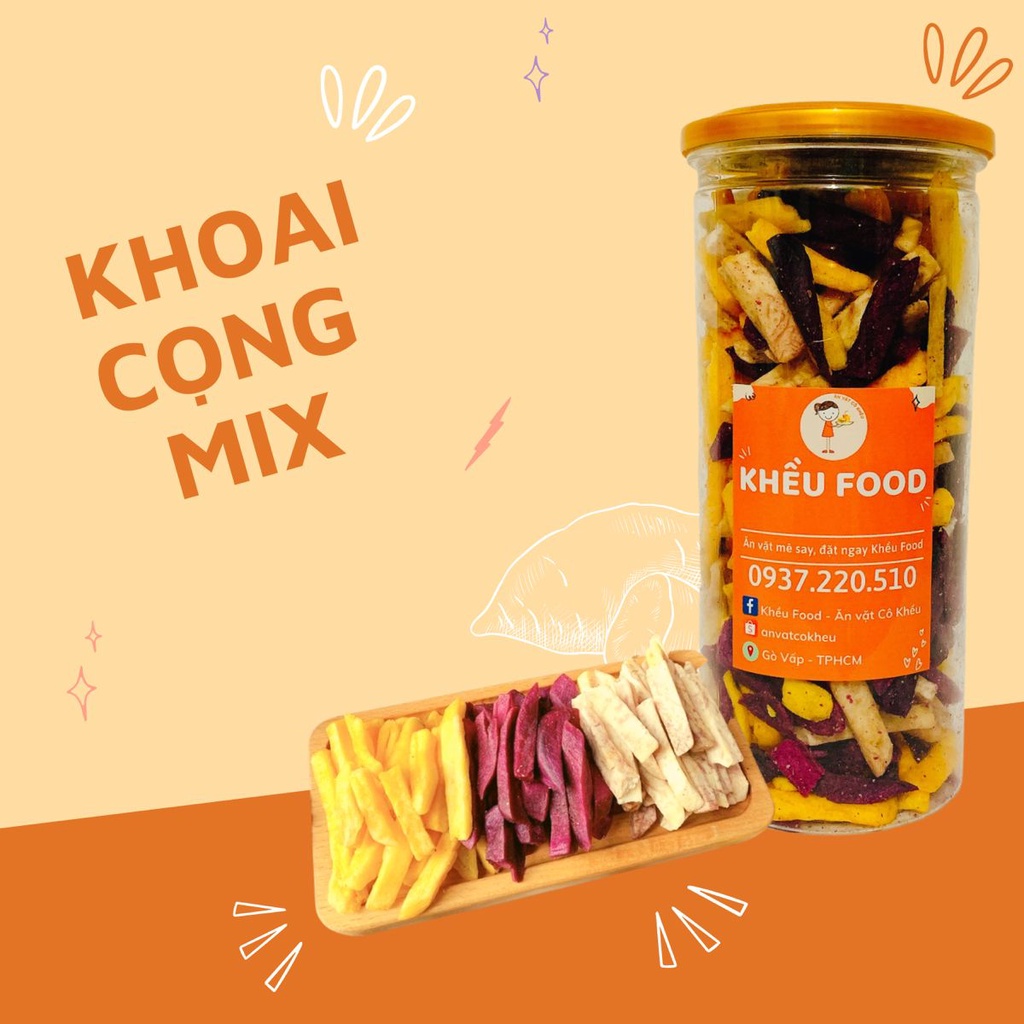 Khoai lang cọng sấy giòn mix 3 vị vàng, tím, khoai môn hủ 300g siêu ngon Khều Food