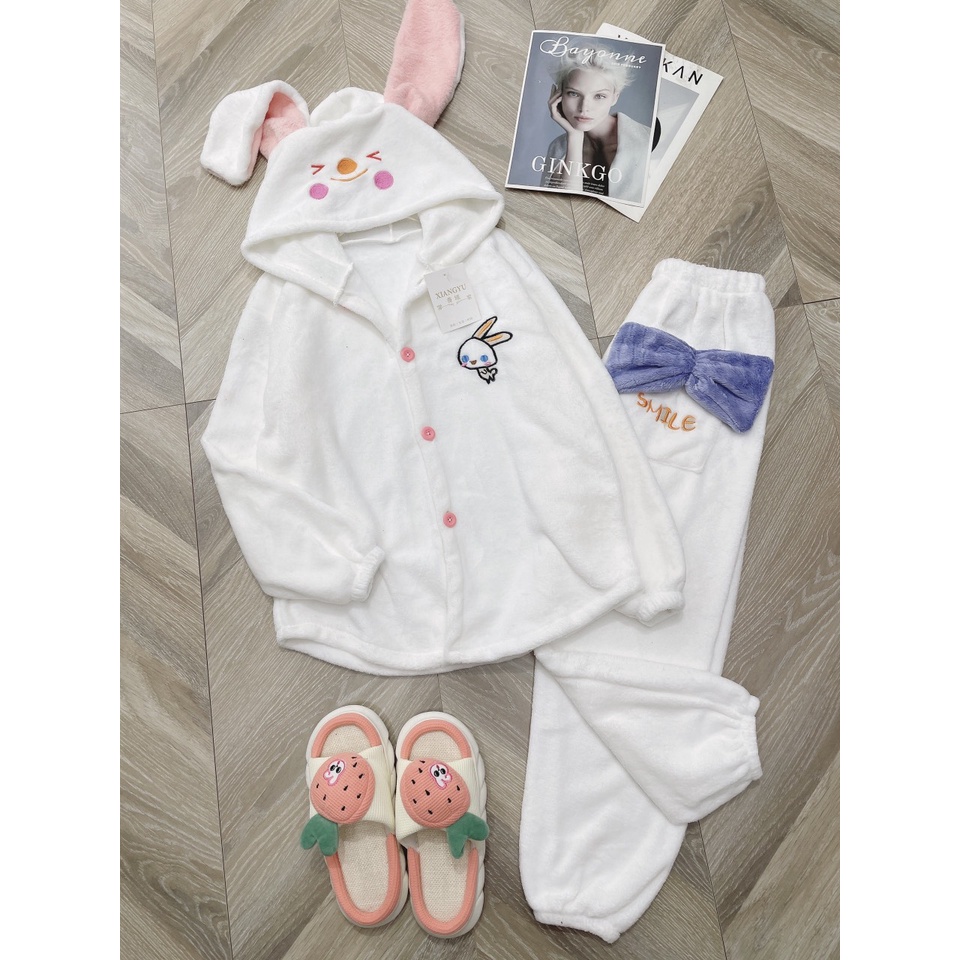 Bộ Lông Mũ Tai Thỏ Gắn Nơ Thêu Hình Chất Looing Cừu Vintage  Mặc Nhà Nam Nữ Dáng Rộng