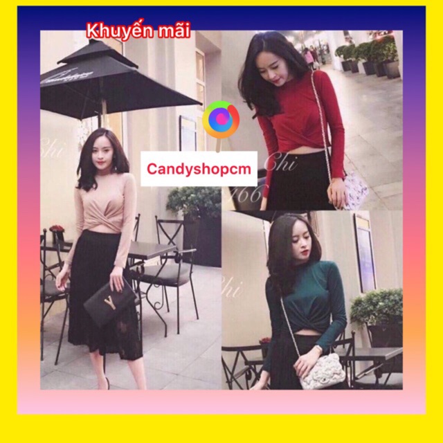 Áo thun xoắn eo Croptop tay dài - thun cotton - bao giặt máy - 55 kí trở lại