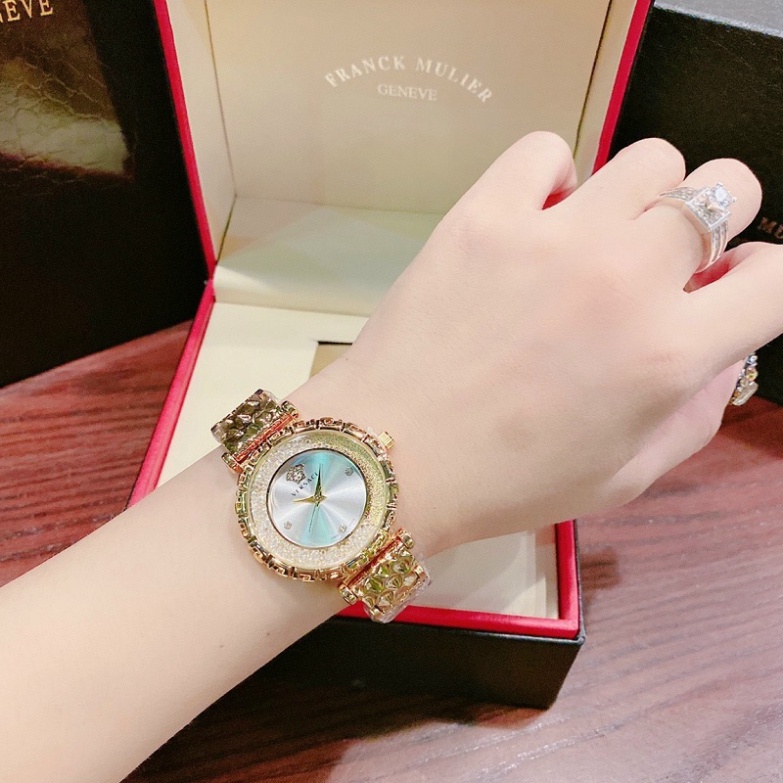 đồng hồ nữ đeo tay VERSACE dây kim loại mạ vàng mặt tròn đính đá thời trang cao cấp chống nước chống xước - Hàng mới về