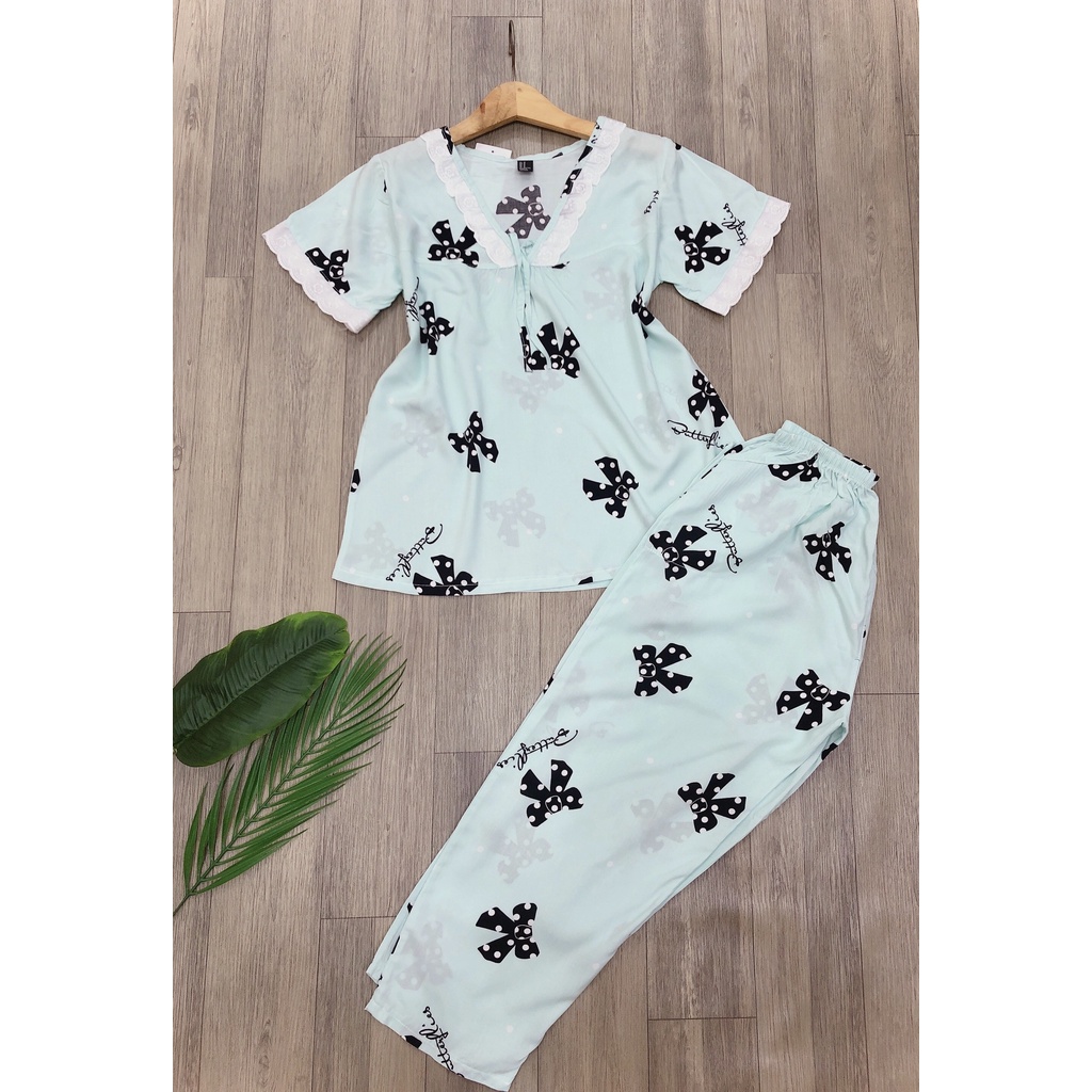 Đồ Bộ Tole Lanh Tay Ngắn Ren Quần Dài 9 Tấc