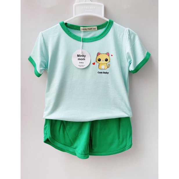 Bộ cộc tay thun lạnh Minky Mom trơn hình mèo yêu cute baby siêu xinh cho bé trai bé gái