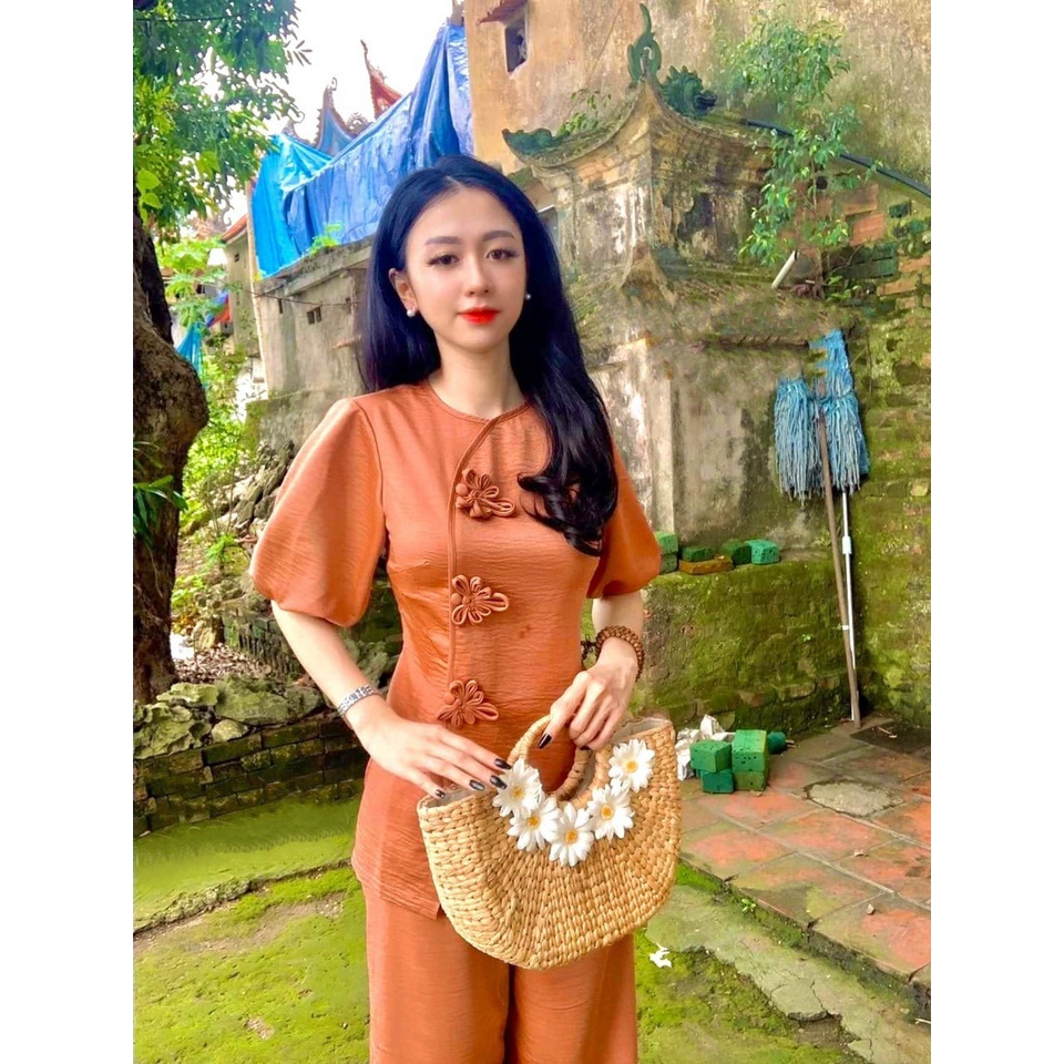 Đồ Lam Đi Chùa - Mẫu Kết Hoa Nút Tàu Tay Phồng Vải Tuyết Nhung Cao Cấp Trang Nhã  - CG02