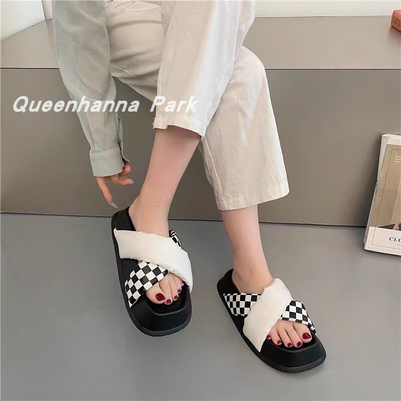 Dép Slipper Canvas Quai Chéo Chữ X Họa Tiết Checkerboard Vintage Kẻ Ô Caro