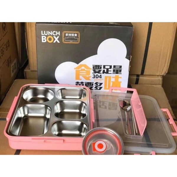 Hộp Cơm Văn Phòng Khay Inox 5 Ngăn Có Bát Để Canh Bọc Nhựa Bên Ngoài