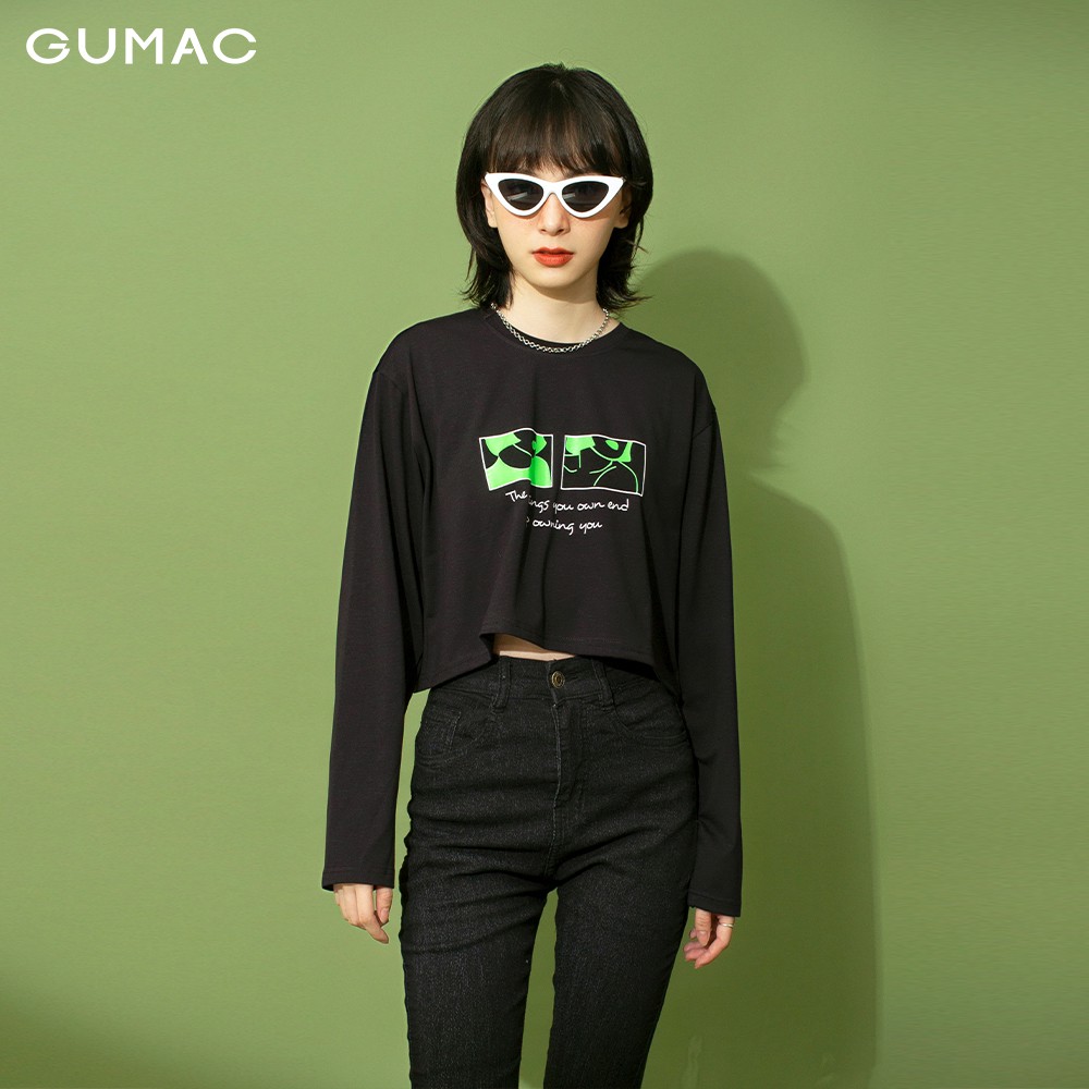 Áo thun croptop nữ in xanh GUMAC màu đen, freesize, phong cách năng động, trẻ trung ATB198 | BigBuy360 - bigbuy360.vn