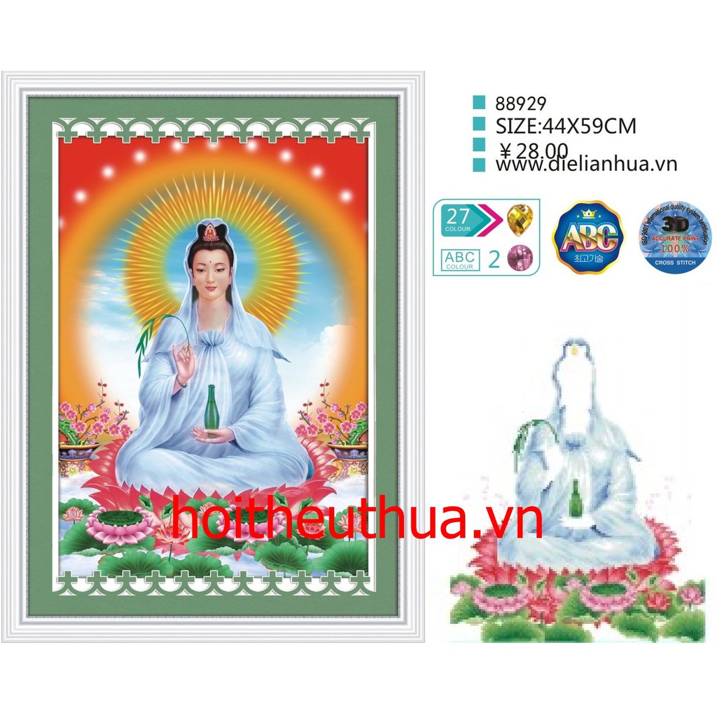 Tranh thêu chữ thập 3D Phật Quan Âm. Kích thước: 44x59cm