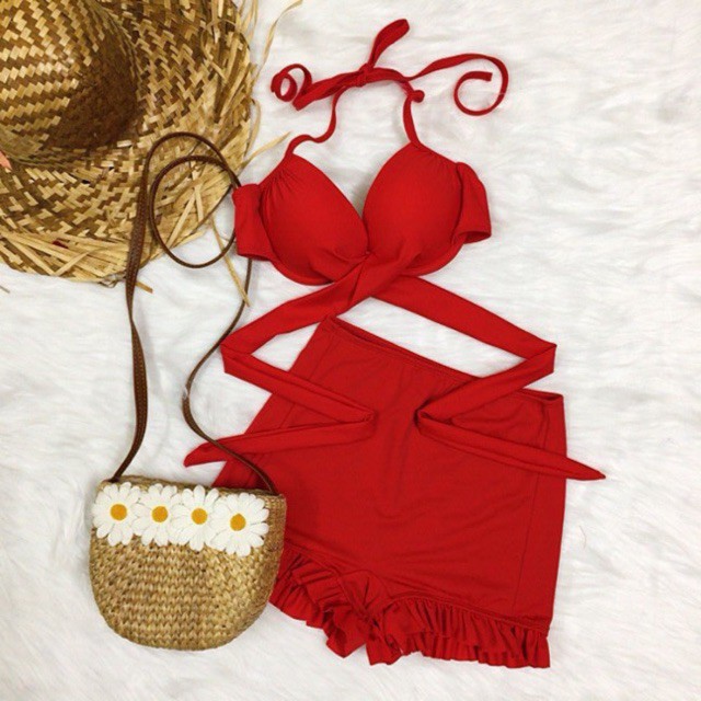Bikini áo chéo eo nâng ngực mix quần cao short bèo