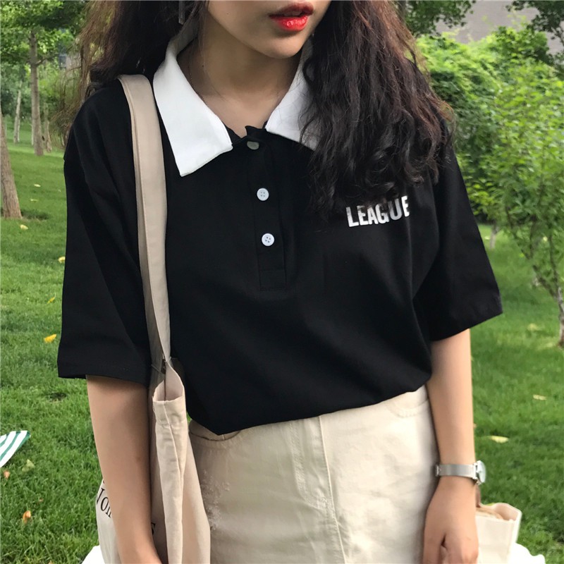 Áo thun polo tay lỡ có cổ áo ulzzang