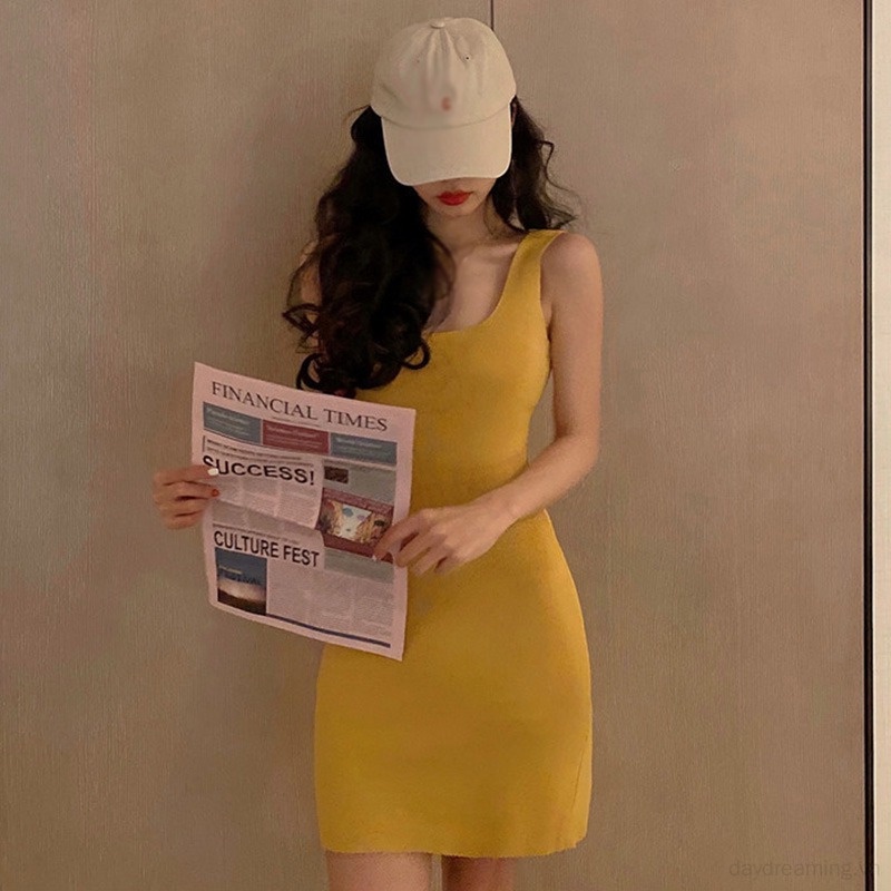 Đầm Ôm Dệt Kim Cổ Vuông Màu Sắc Thanh Lịch Cho Nữ
