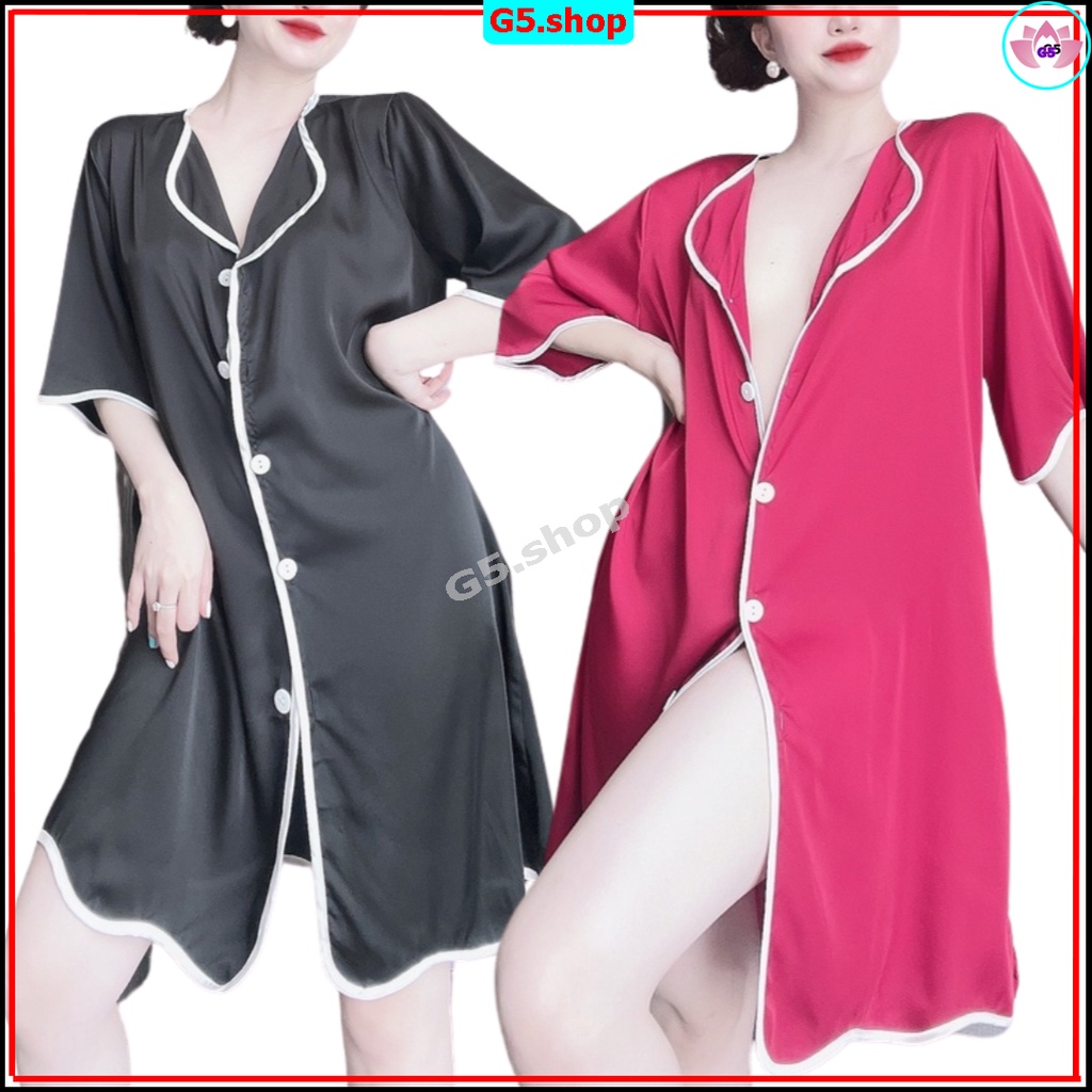 Váy ngủ sexy ❣️Kèm Quần❣️ Đầm Nữ lụa Satin Chất Siêu Mát Dáng Xinh Bộ Mặc Nhà Pijama Cổ Sơ Mi G5