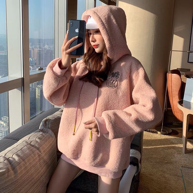 Áo Hoodie Lông Hồng Mặt Cười Form Rộng Tay Phồng Cực Xinh