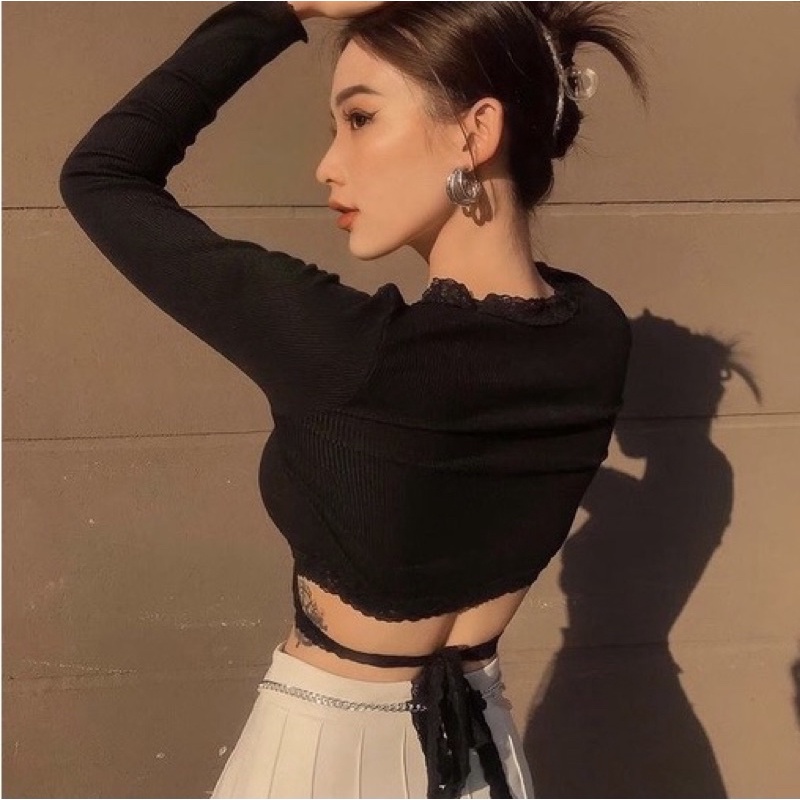 Áo croptop nữ kiểu tay dài, áo crt ôm cổ V sexy dây buột LIKANO CRT81 | BigBuy360 - bigbuy360.vn