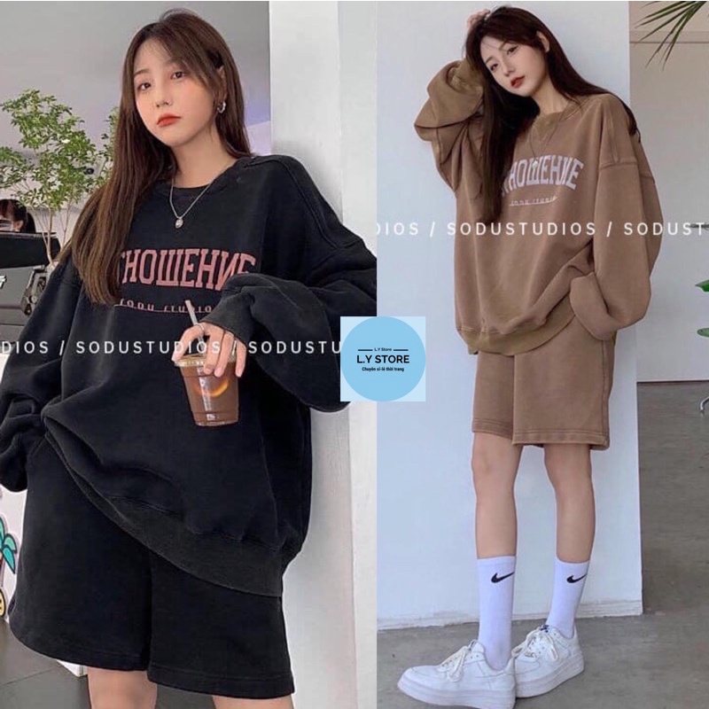 [Ảnh thật cuối] Set Short Nỉ Ohto[FREESHIP]  Bộ đồ thu đông quần shorts áo sweater form rộng dài tay cá tính Ulzzang