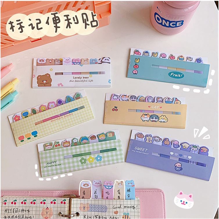 Set giấy nhớ ghi chú sticky note đánh dấu tab phân trang Béo Shop sổ tay từ điển nhiều màu họa tiết hoạt hình đáng yêu