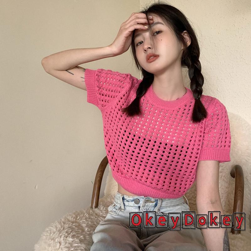Áo Dệt Kim Tay Ngắn Cổ Tròn Màu Trơn Thiết Kế Khoét Lỗ Thời Trang Mùa Hè Cho Nữ