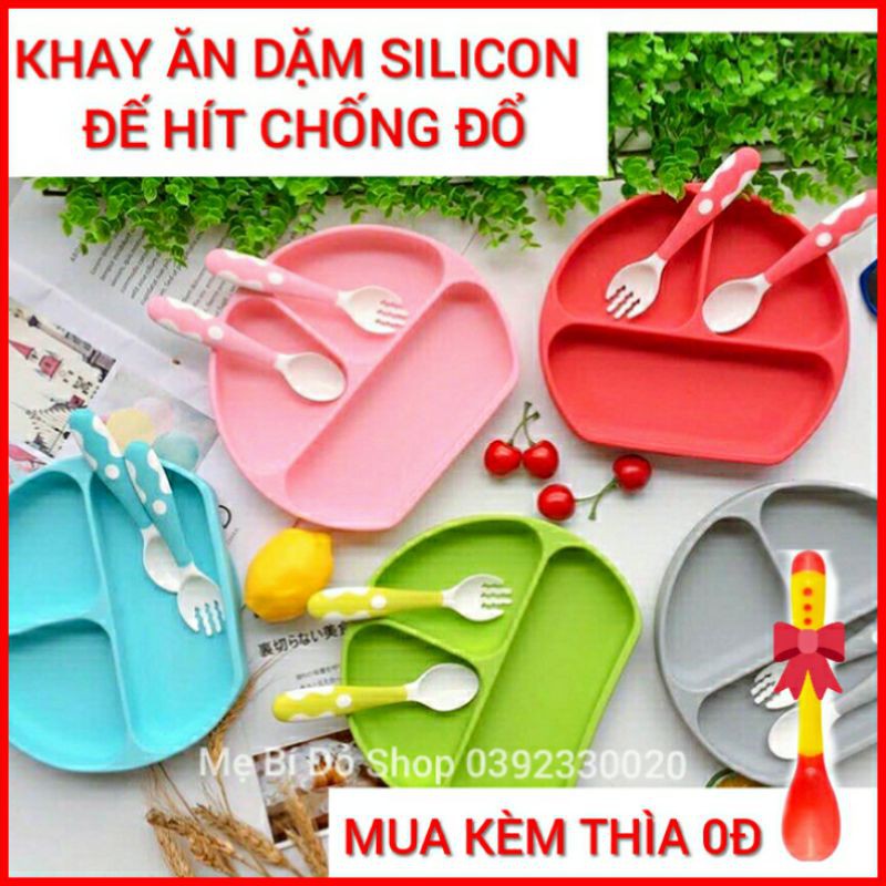 Khay Ăn Dặm Silicon Có Đế Hít Chống Đổ 3 Ngăn Cho Bé Mua Kèm Thìa 0Đ