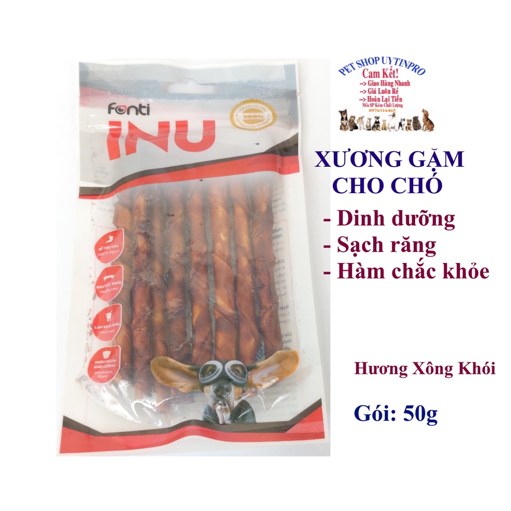 XƯƠNG GẶM CHO CHÓ Fonti INU C13 Que da bò hương xông khói Gói 50g Thơm ngon Dinh dưỡng Sạch răng Thơm miệng SX tại VN