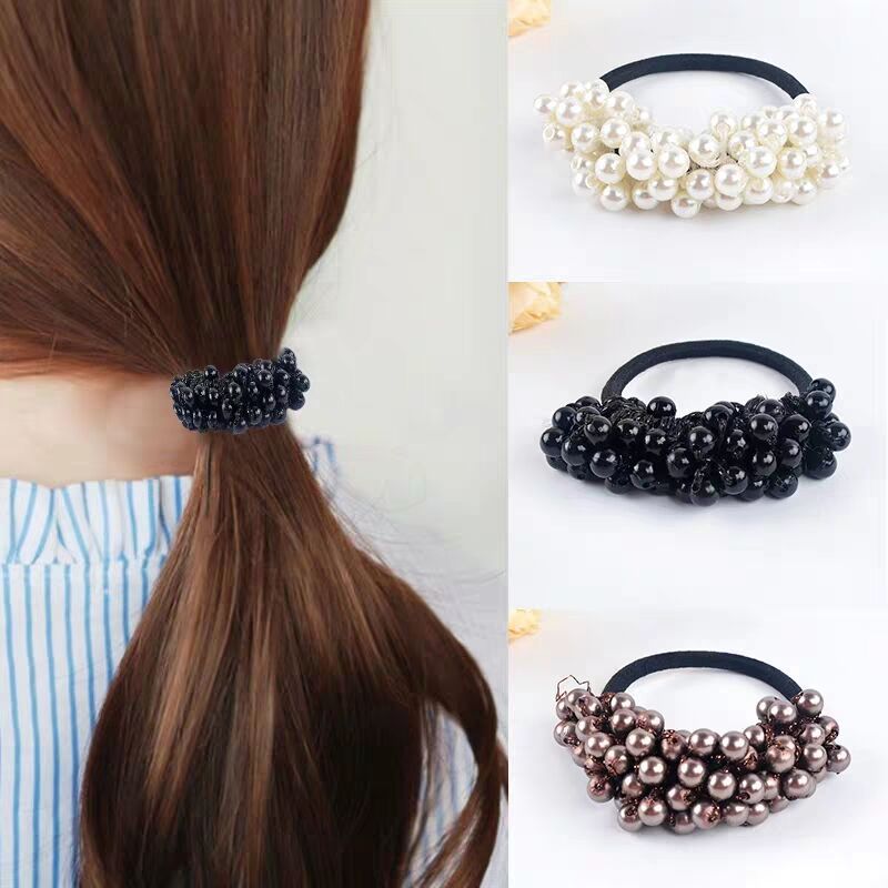 Dây buộc tóc co giãn đính ngọc trai trắng đen xinh xắn