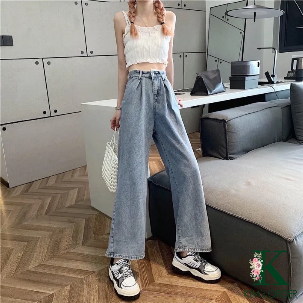 Quần jean nữ ống đứng suông màu xanh cạp ren lưng cao phong cách Ulzzang Hàn Quốc tiểu thư đi học đi làm chất đẹp loại 1