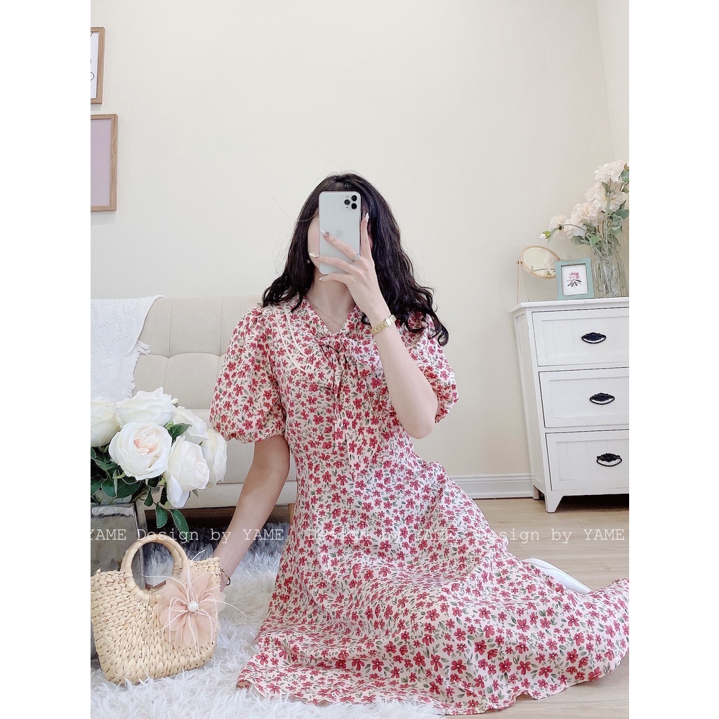 Váy cổ nơ tay bồng bo chun hoa nhí màu xanh, hồng có lớp lót lụa mềm YAME